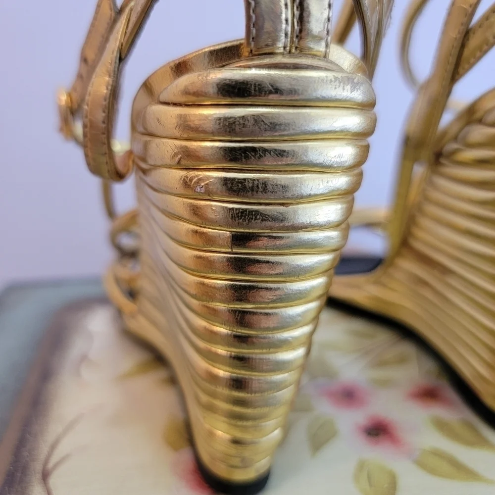 Pierre Hardy Gold Metallic Leather Wedge Strappy Sandal Size 36.5 - Picture 7 of 10